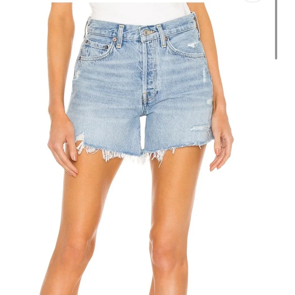 Iconic AGOLDE Parker Long Vintage High Rise Cut Off Denim Shorts Light Wash 26